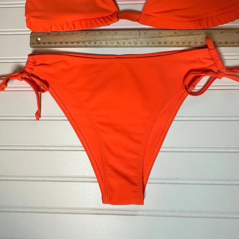 Womens 2 Piece Swimsuit Orange Halter Bikini XS Tie Side Bottoms Swimwear